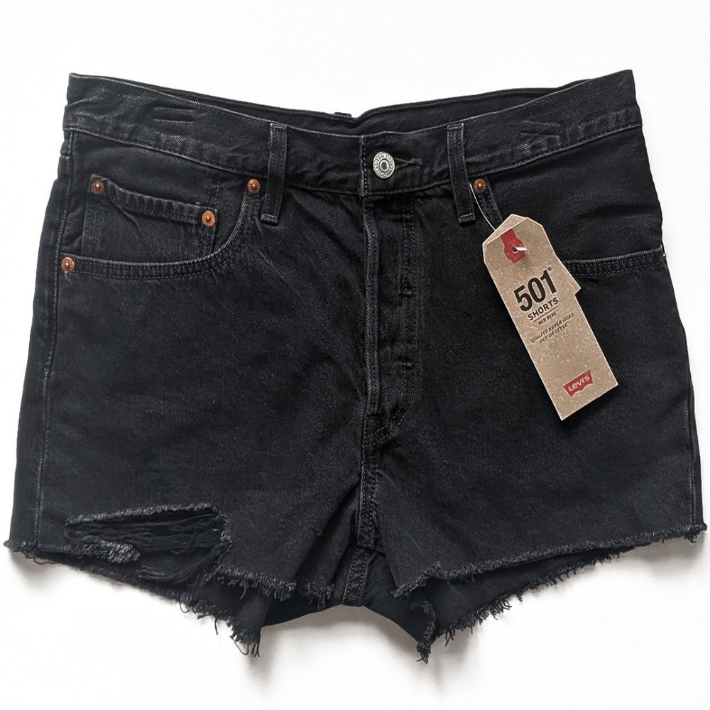 Levi's 501 Festival Mid Rise Frayed Raw Hem CutOff Shorts Black - Picture 2 of 7